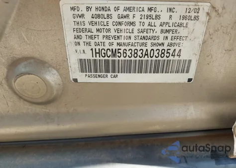 2003 Honda Accord 2.4 Lx from USA, damaged, VIN 1HGCM56383A038544